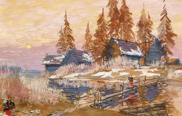 Picture trees, landscape, picture, village, the bridge, Konstantin Korovin, Late Winter