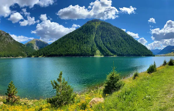 Forest, clouds, mountains, lake, Alps, Italy, Italy, Alps