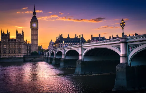 Sunset, bridge, river, London, architecture, Big Ben