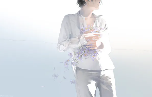 Flowers, petals, guy, art, white clothes