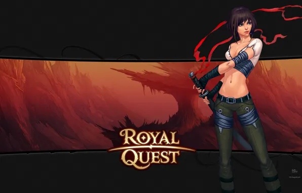 Girl, sword, red background, Royal Quest, Katauri Interactive