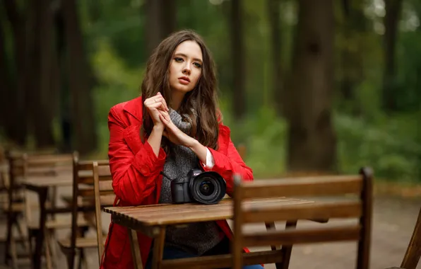 Trees, pose, Park, model, chairs, portrait, jeans, makeup