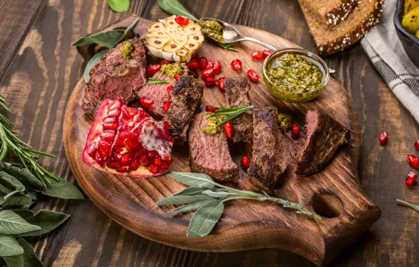 Bread, sauce, garnet, Steak