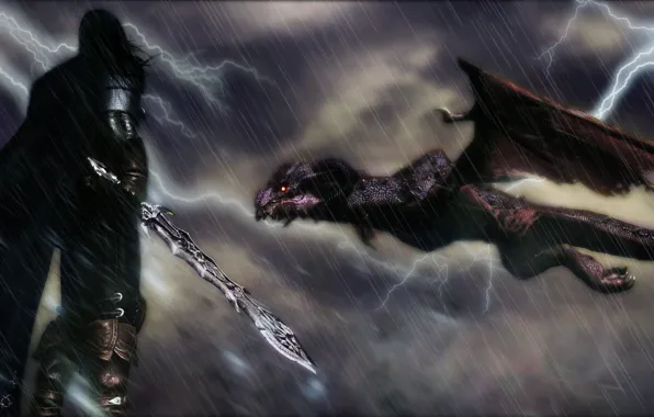 Picture rendering, background, rain, lightning, dragon, sword, warrior