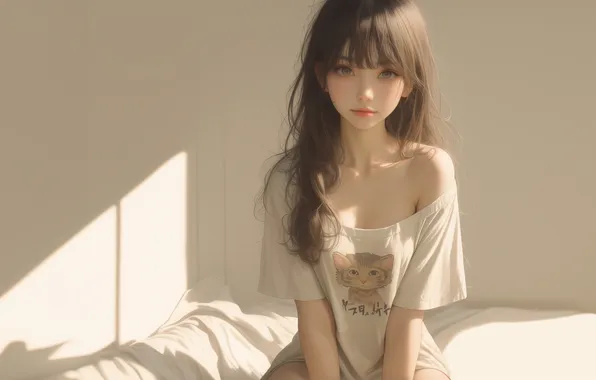 Picture anime, women, brunette, sunlight, illustration, AI art, oversized T-shirt