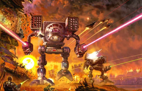 Picture fire, robot, war, explosions, battle, battletech