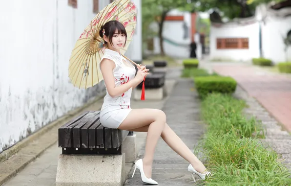 Girl, umbrella, sweetheart, dress, legs, Asian