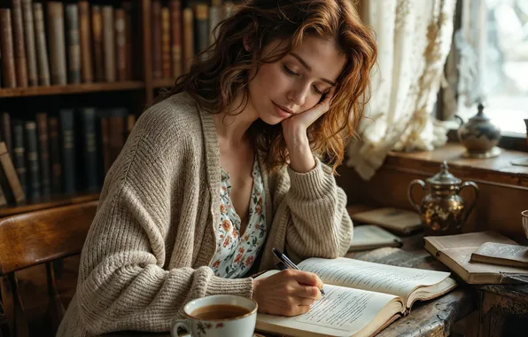 Girl, light, pose, table, tea, books, window, Cup
