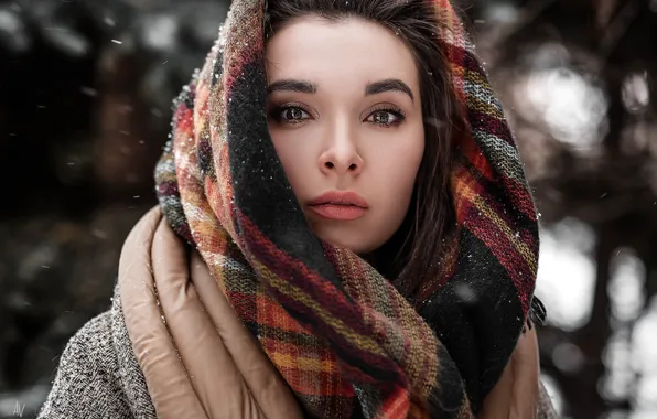 Picture winter, look, girl, snow, portrait, scarf, photographer, shawl