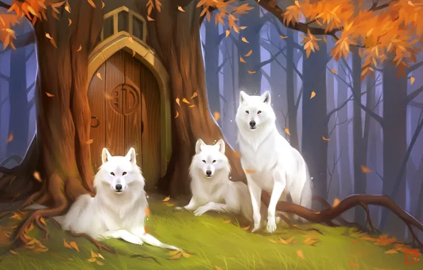 Picture forest, wolf, the door, fantasy, art, Keepers, Alexander Khitrov, Art GaudiBuendia
