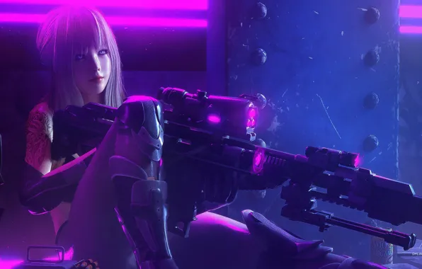 Picture Girl, fantasy, soldier, long hair, weapon, neon, tattoo, sniper
