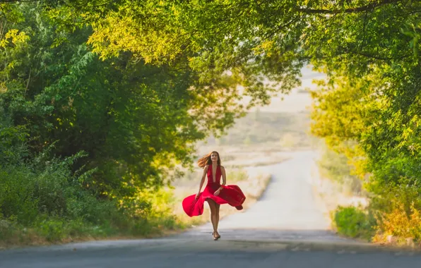 Road, girl, dress, in red, redhead, gait, Lady in Red
