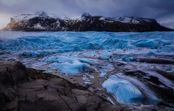 Ice, winter, mountains, stones, blue, shore, tops, ice