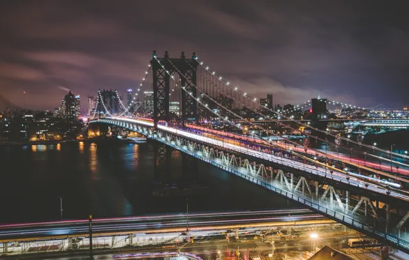Night, lights, street, New York, traffic light, Brooklyn bridge, Manhattan, Manhattan bridge