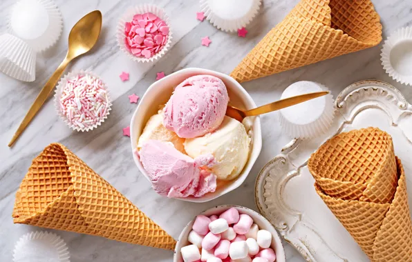 Sweets, ice cream, dessert, marshmallows, waffle cone