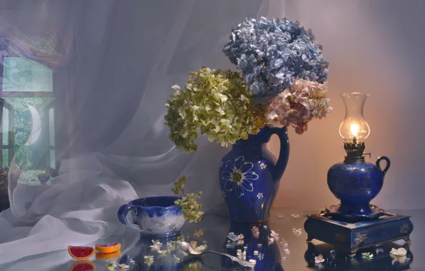 Sunset, reflection, the evening, mirror, still life, hydrangea, ceramics