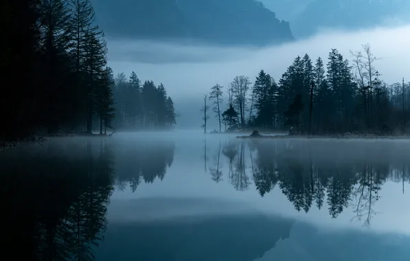 Dark, river, trees, landscape, nature, water, mountains, reflection