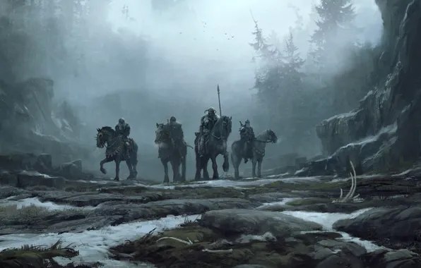 Fog, Forest, Horse, Winter, Landscape, Snow, War, Viking