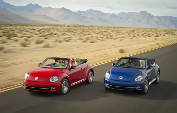 Picture road, mountains, blue, red, movement, speed, beetle, convertible