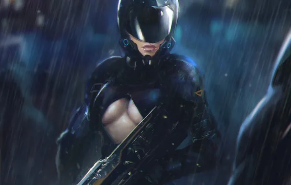 Picture girl, weapons, rain, dark, art, helmet