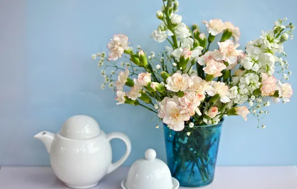 Picture white, flowers, blue, kettle, Cup