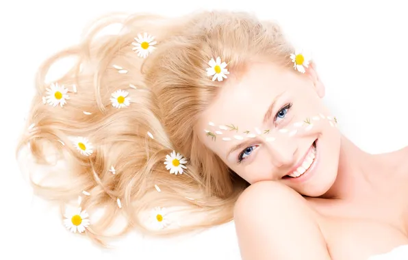 Picture girl, face, smile, chamomile, blonde