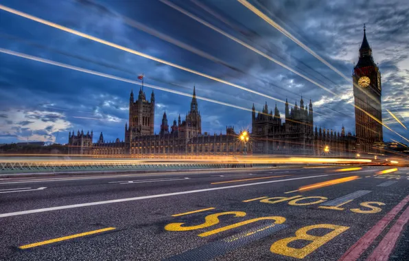 Road, light, night, the city, lights, England, London, HDR