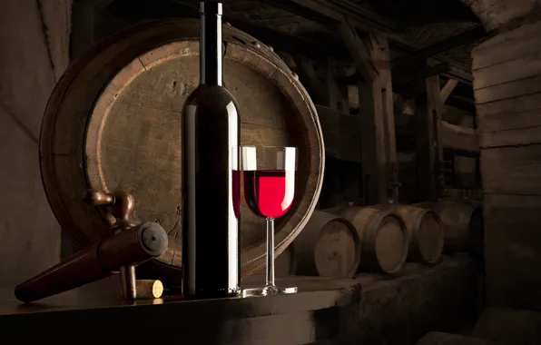 Table, wine, glass, bottle, dust, tube, shelves, kegs