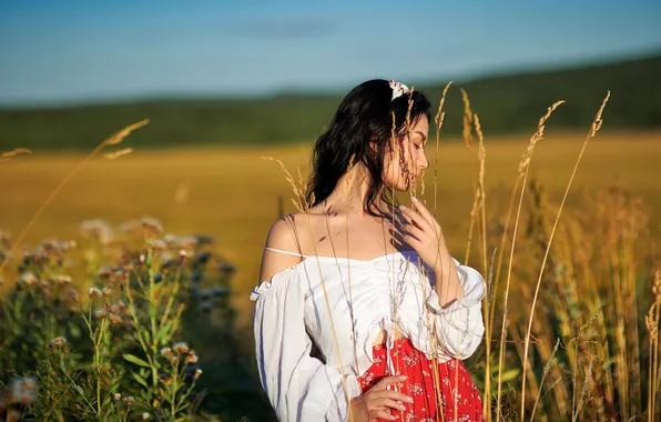 Girl, grass, sky, field, nature, clouds, model, brunette