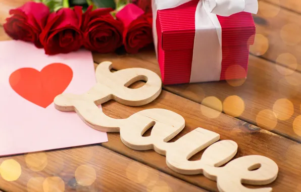 Love, letters, gift, heart, roses, buds, Valentine's Day