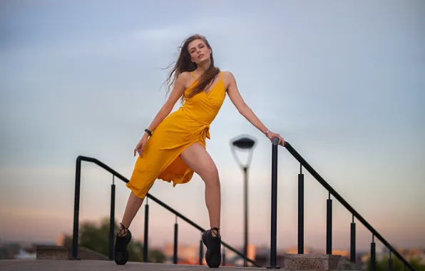 Girl, pose, feet, yellow dress, Dmitry Shulgin