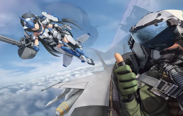 Girl, gun, game, soldier, sky, mecha, aircraft, weapon