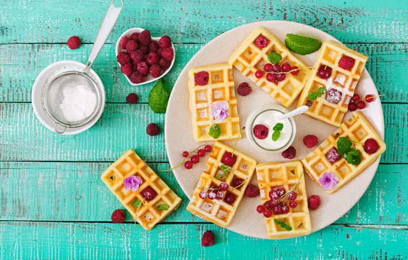 Picture berries, raspberry, fresh, wood, waffles, berries, raspberry, wafer