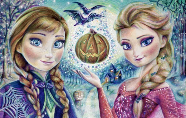 Girls, pumpkin, Halloween, halloween, Anna, art, frozen, Elsa