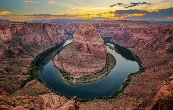 Clouds, sunset, mountains, river, rocks, Bank, canyons, the