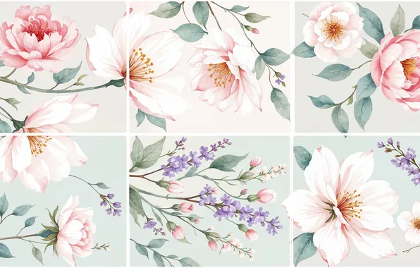 Flowers, tile, texture, pink, white, light background, peonies, twigs
