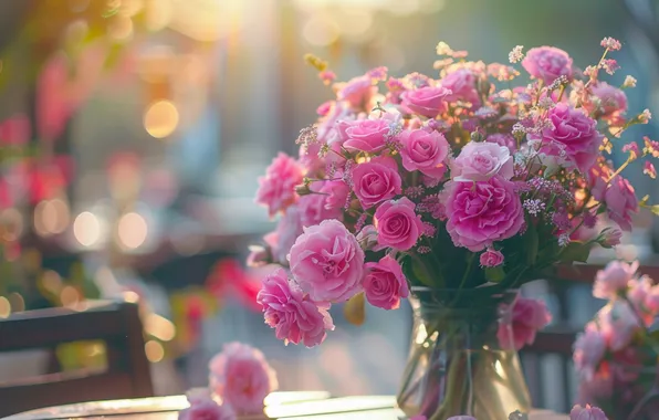 Picture flowers, roses, bouquet, vase, AI art, neural network