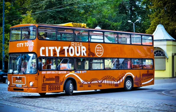 Orange, bus, MAN, two-storey, Riga city tour, Double Decker