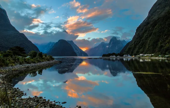 Picture mountains, reflection, New Zealand, Bay, New Zealand, the fjord, Milford Sound, Milford Sound