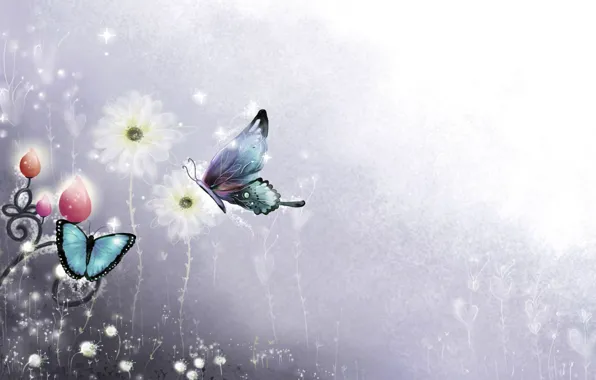 Flowers, Color, Minimalism, Butterfly, Background, Blue