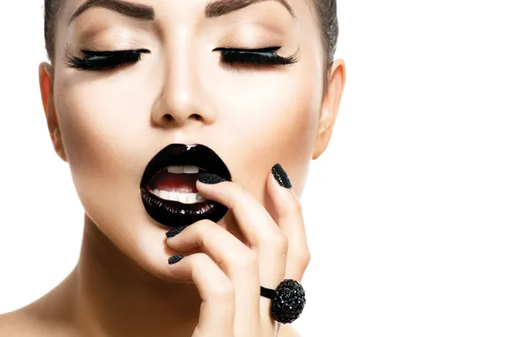 Close-up, face, eyelashes, model, hand, makeup, lipstick, hairstyle