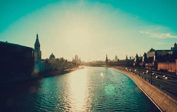 Water, the sun, landscape, bridge, the city, spring, Moscow