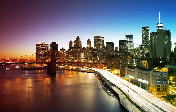 Picture bridge, lights, home, New York, skyscrapers, the evening, USA, promenade