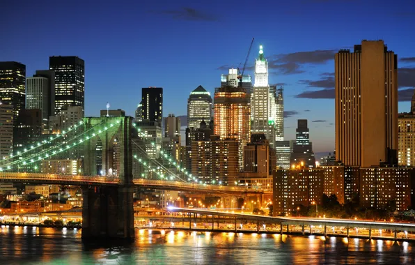 Picture night, lights, New York, skyscrapers, USA, Brooklyn bridge, NYC, New York City