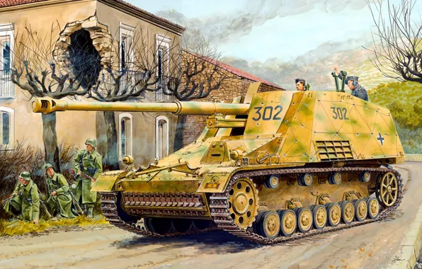 Picture war, art, painting, tank, ww2, tank, Sd.Car.164 Hornisse