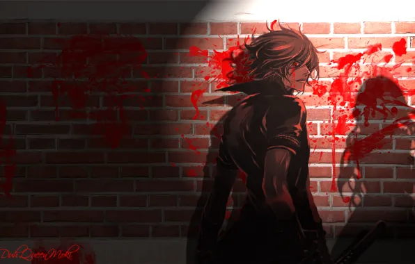 Night, blood, shadow, katana, tears, brick wall, shiki, sideways