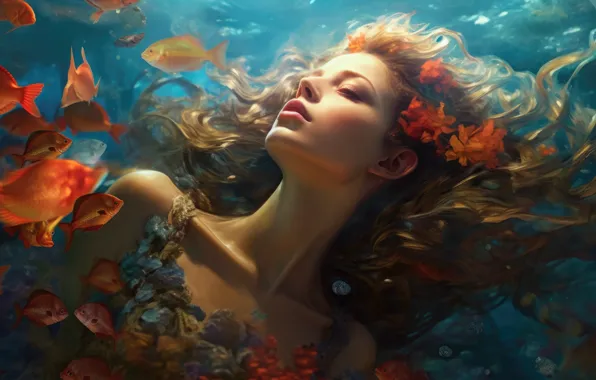 Water, girl, light, fish, fish, flowers, face, mermaid