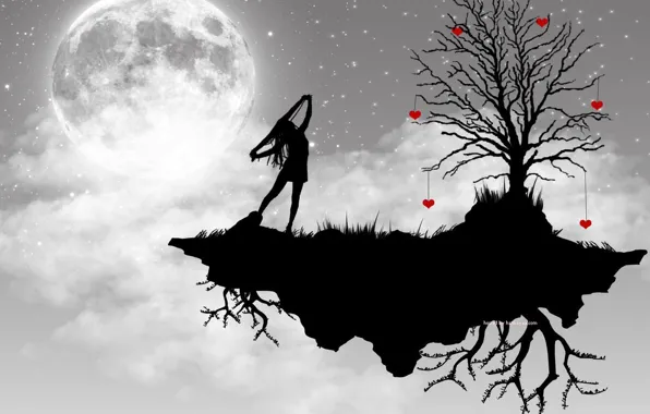 Picture girl, tree, the moon, vector