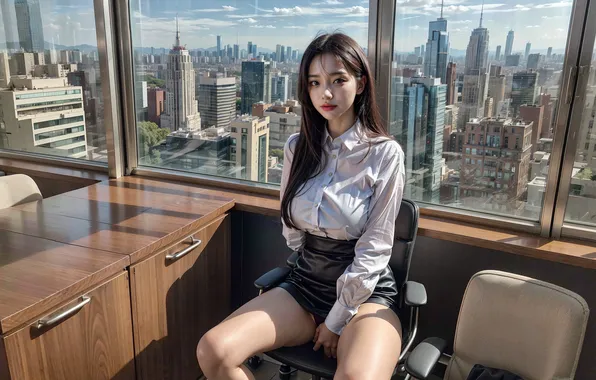 Long hair, women, window, digital art, sitting, looking at viewer, office girl, Stable Diffusion