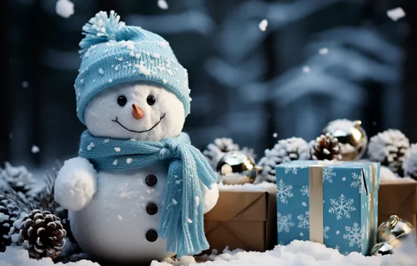 Winter, snow, New Year, Christmas, snowman, happy, Christmas, night